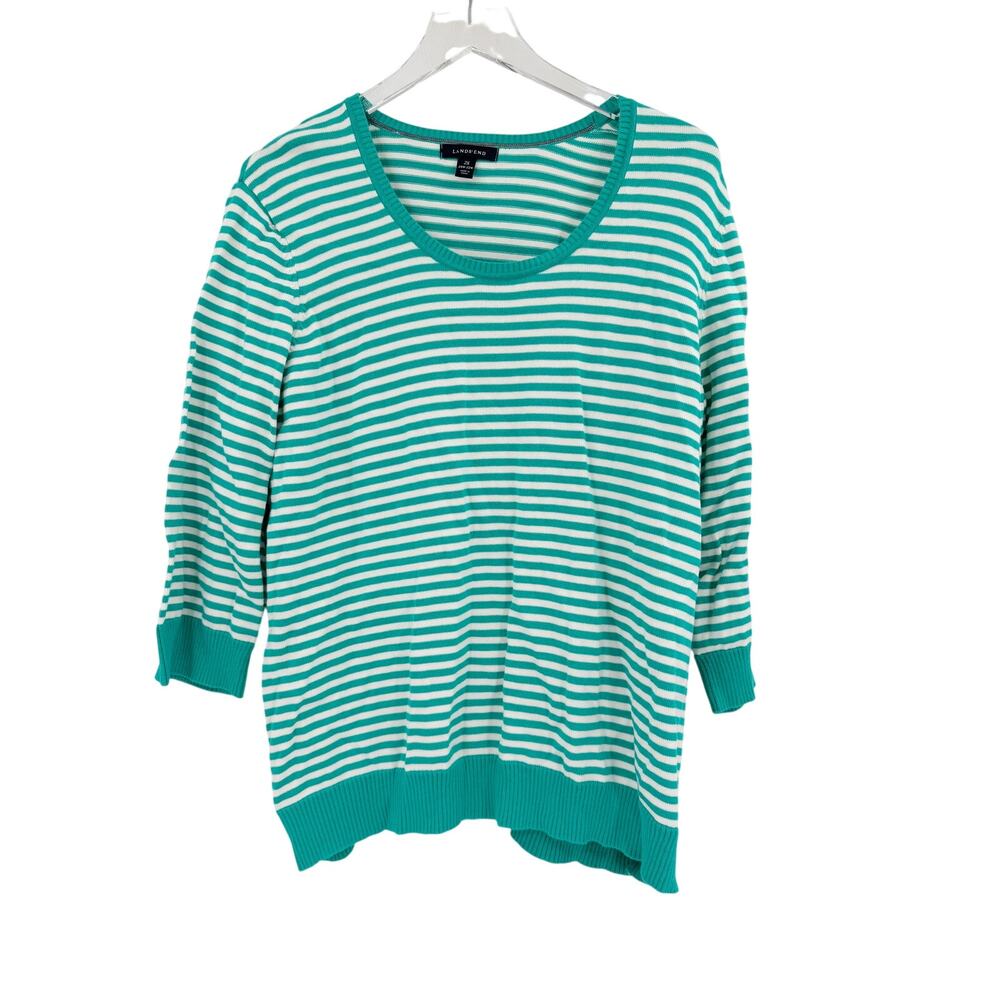 LANDS END Knit Top Size 2X Teal Green White Stripe Crew Neck